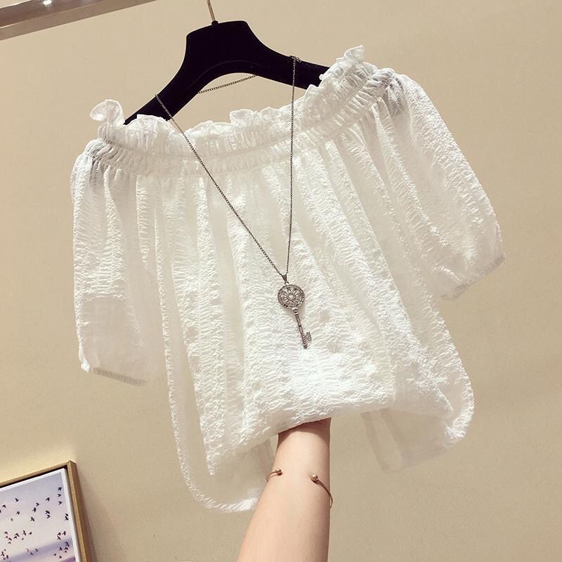 White Off-shoulder Chiffon Shirt Women's Short-sleeved 2024 Summer Korean-style Loose Pleated Western-style Pullover Top