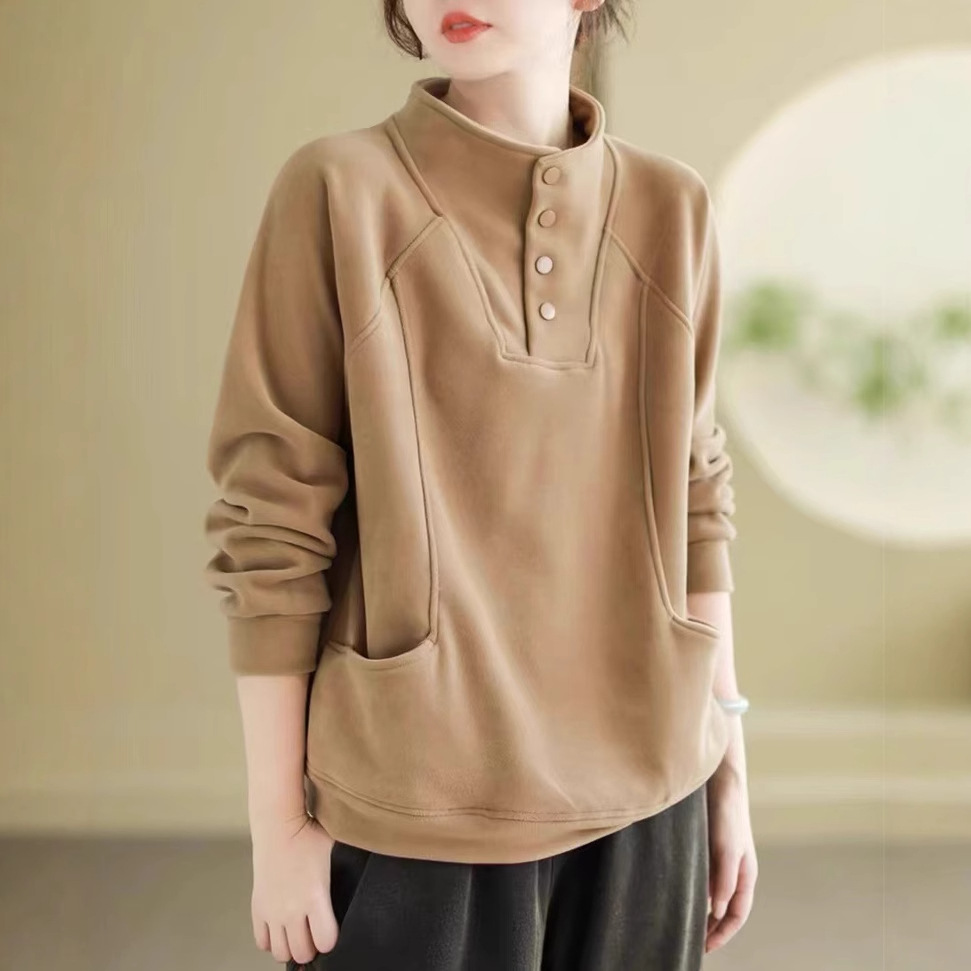 Picture of 260 Quilted Semi-high Collar Button Warm Sweater Women's Loose Korean Style Meat Covering All-match Design Sense Pocket Stitching