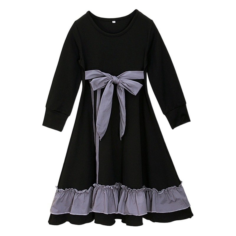 Women and Children's European and American Spring and Autumn Waist Strap Long Dress Dress + Hijab Two-Piece Headscarf Children's Dress Instagram ins