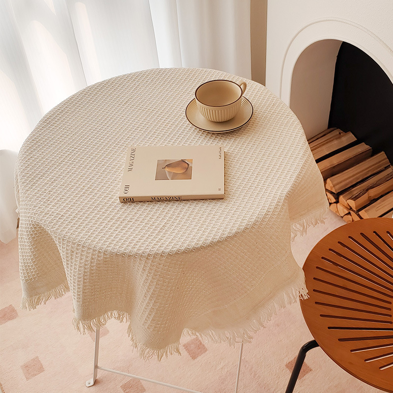 Tablecloth Instagram Style Japanese Style Thickened Cotton and Linen Fabric High-end Light Luxury Retro Waffle Dining Table Square Table Round Tablecloth