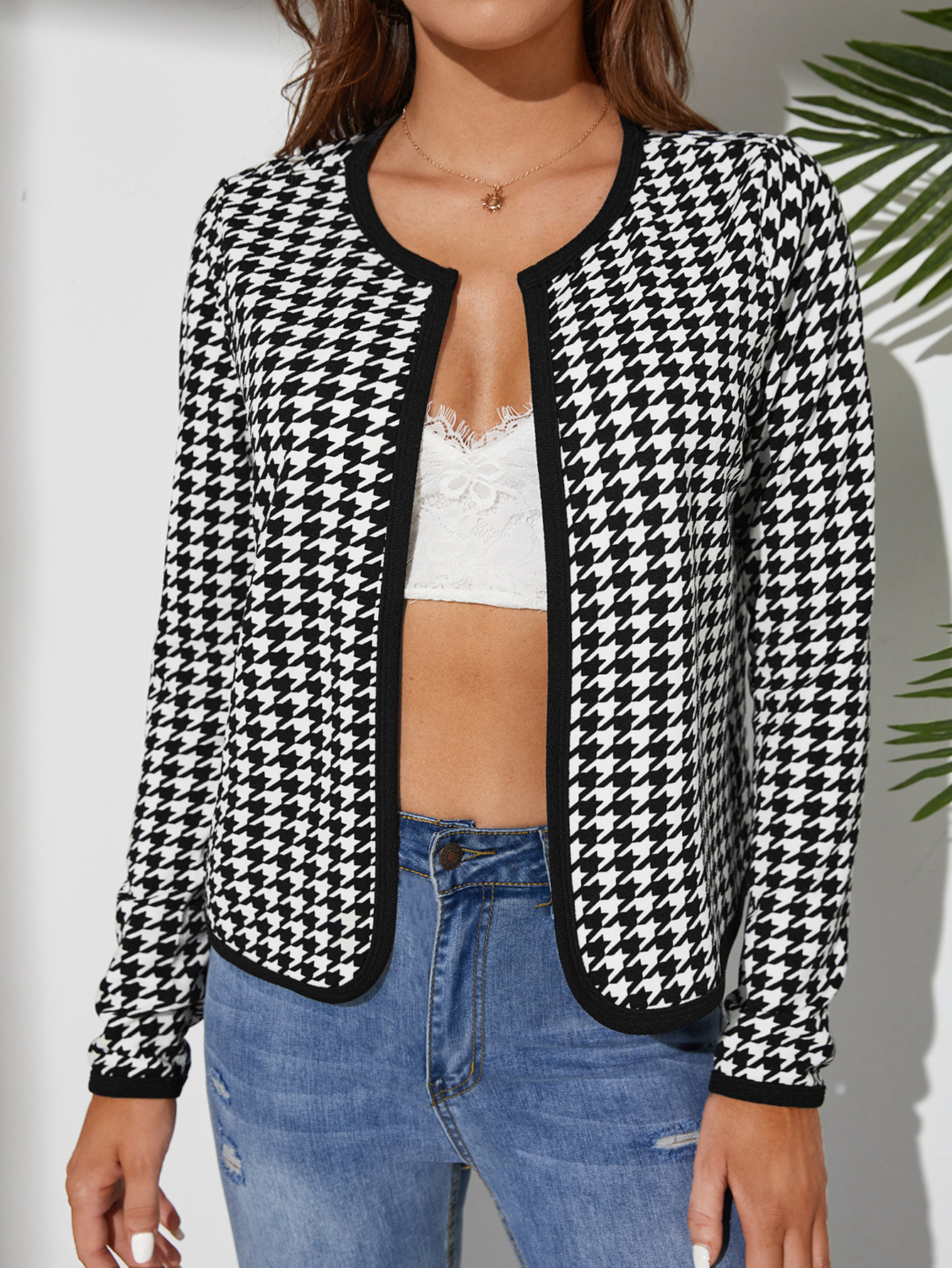 Cross-Border European and American Women's Clothing Houndstooth Color-Blocked Open-Front Thin Long-Sleeve Jacket Versatile Autumn Long-Sleeve Jacket
