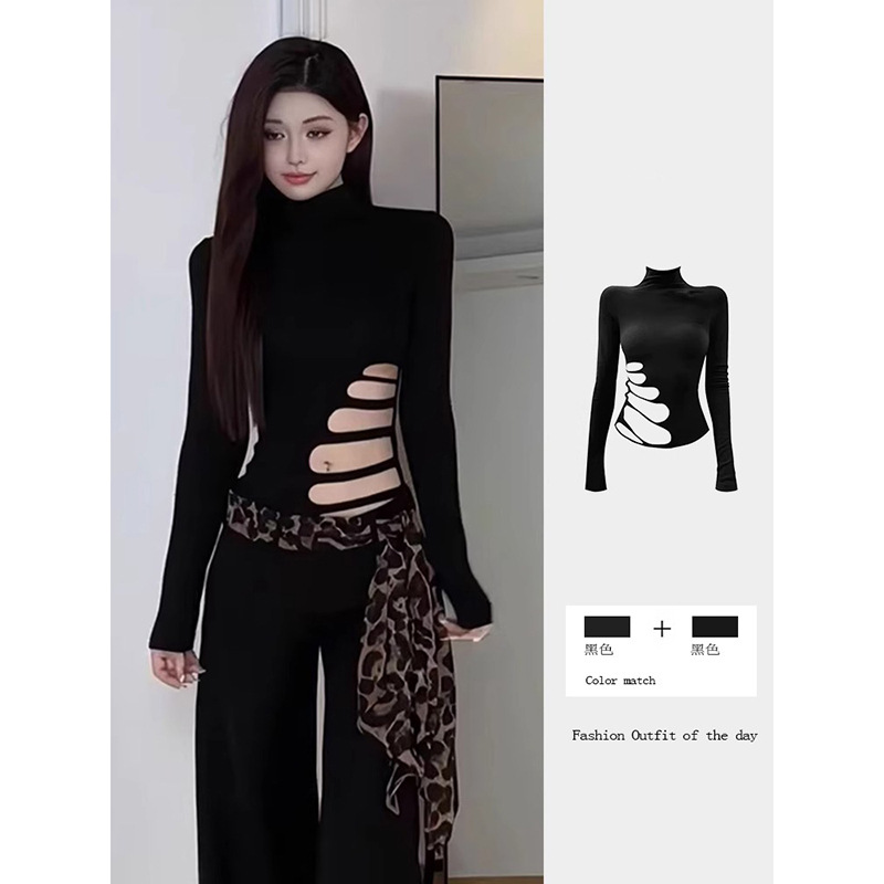 American-Style Spicy Girl Pure Desire Hollow Long-Sleeve T-Shirt for Women, Autumn and Winter Vintage Design, Slim-Fit Niche Base Top
