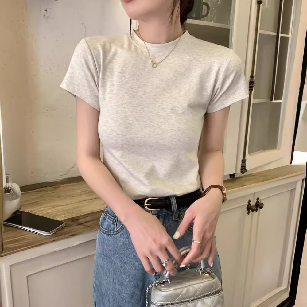Summer cotton round neck gray all-match short-sleeved T-shirt Women's American-style slim-fit slimming half-sleeve top low collar bottoming shirt