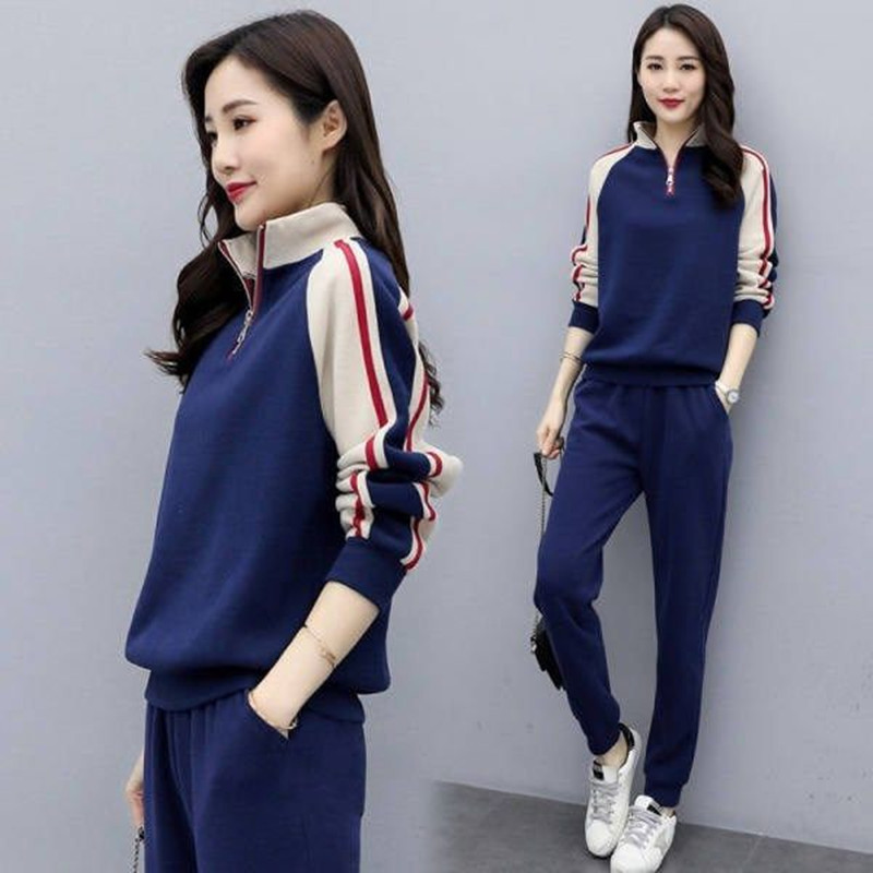 European and American style color matching new large size suit women's plump girls stand collar long sleeve sweater toe Harlan pants slim fit two-piece suit