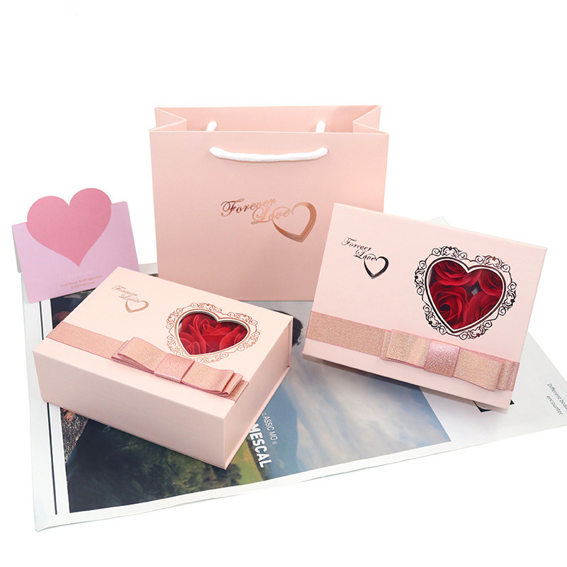6 Roses Love Box Eternal Flower Box Pink Bow Gift Box Double Ring Valentine's Day Gift Box