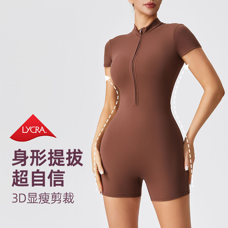 Tight Yoga Suit Women's Summer Slim-Fit Slimming Half-Zipper Short-Sleeved Fitness Wear Abdomen-Lifting Hip Sports Shorts