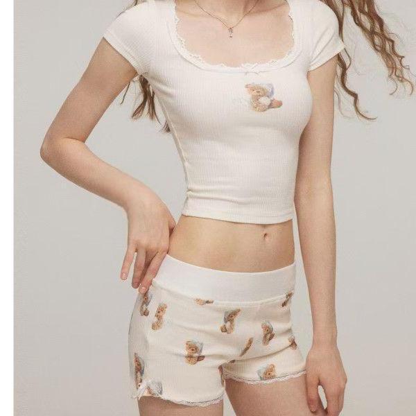 Summer New Pajamas for Women, Ice Silk Ribbed Bear, Cute Short-Sleeved Shorts Set with Removable Chest Pad, Home Clothes