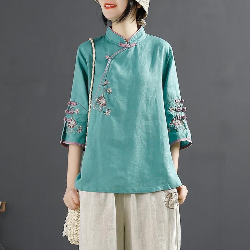 Picture of 2025 New Chinese Style Retro Cotton and Linen Shirt for Women Spring and Summer Chinese Style Stand-Up Collar Button-Up Top with Slanted Placket Embroidered Tea Suit