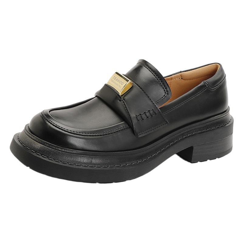 Gusen's Same Style 2023 French Style Flats for Women, Round Toe, Thick Heel, Brown Small Leather Shoes, Versatile Slip-On Loafers