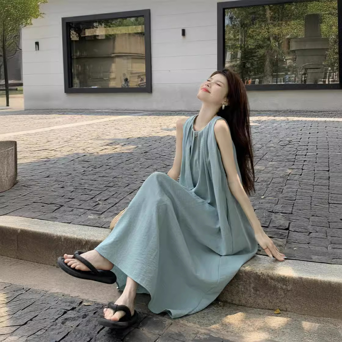 Seaside Holiday Backless Straight dress Women's Wear Summer Yunnan Travel Wear Loose Sling Beach Long Skirt