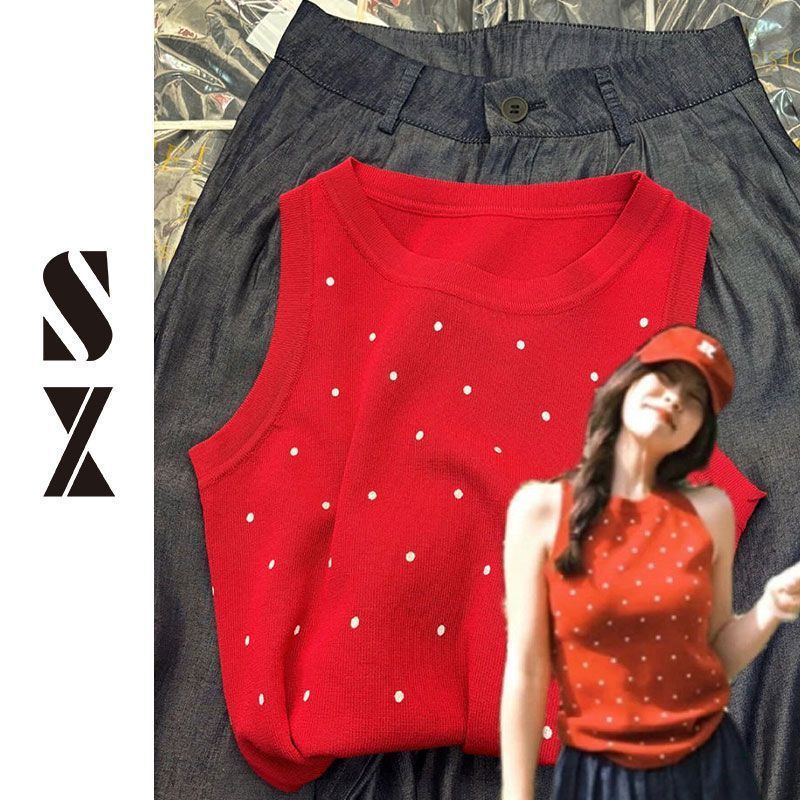 Retro Red Sleeveless Camisole Women's Covering Paramilis Outer Wear Polar Dot I-Back Waistcoat Sweet Spicy Slim Top Trendy