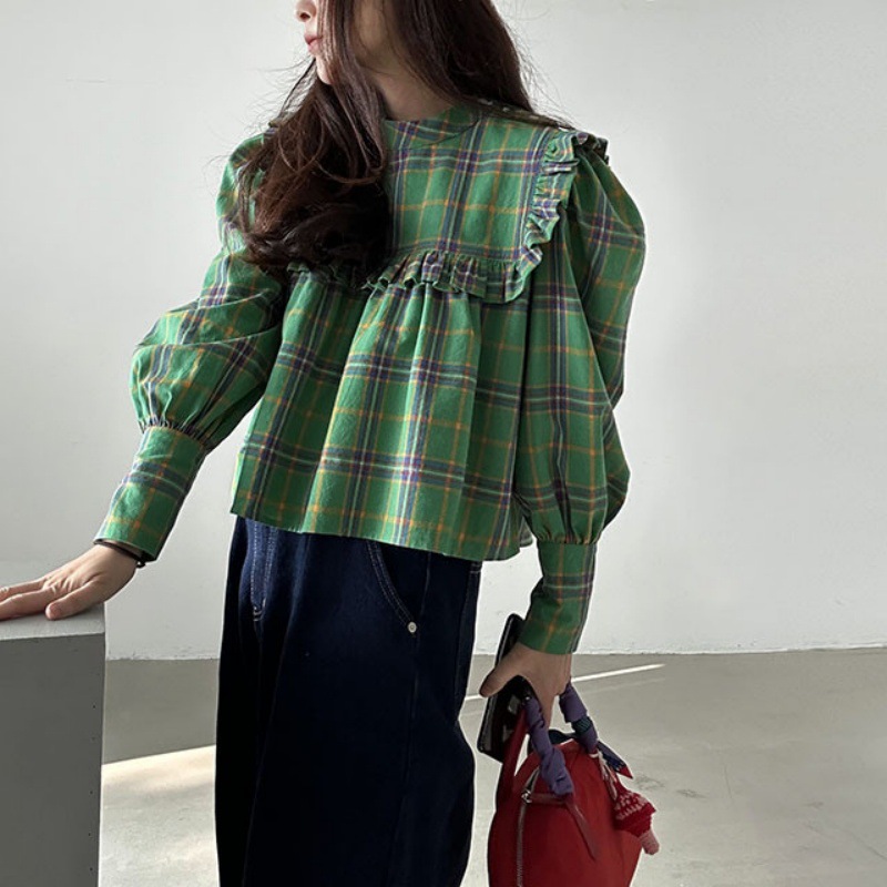in stock South Korea Chic Retro Elegant Ruffled Design Plaid Casual Loose Long Sleeve Doll Shirt Top