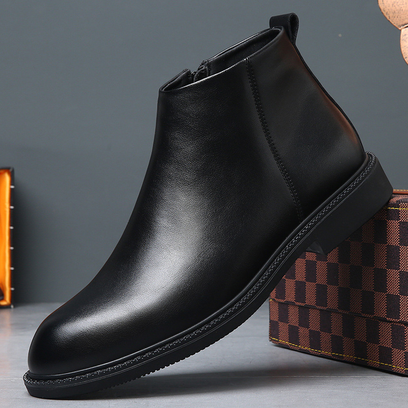 Chelsea Boots Men's Autumn and Winter Mid-top Genuine Leather fleece-lined Boots British Style High-top Fashionable All-match Warm Leather Boots 46