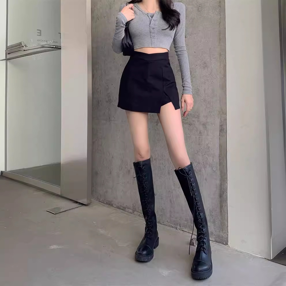 2023 Large Size Korean-style All-match Anti-glare High Waist Slim-fit Split Hip Skirt Black Skirt Women's Spring and Summer