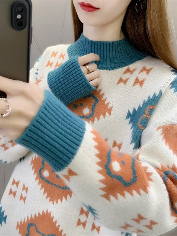 Picture of Thickened sweater women's autumn and winter 2024 new fashion jacquard loose half turtleneck bottoming sweater top