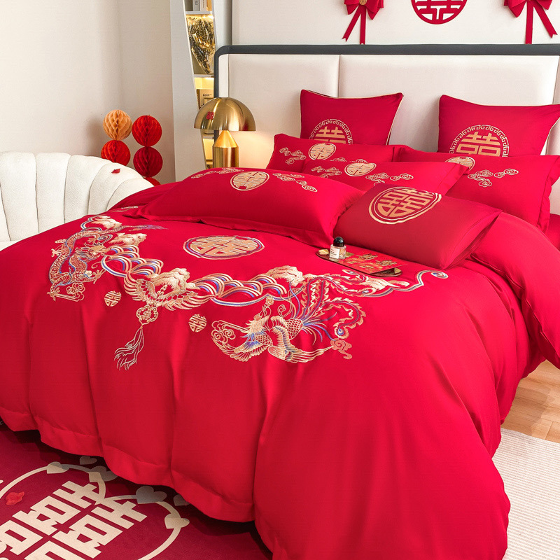 Picture of Comfortable Washed Thickeneded Brushed Wedding Embroider Four-Piece Set Red Wedding Quilt Cover Four-Piece Fitted Sheet Set