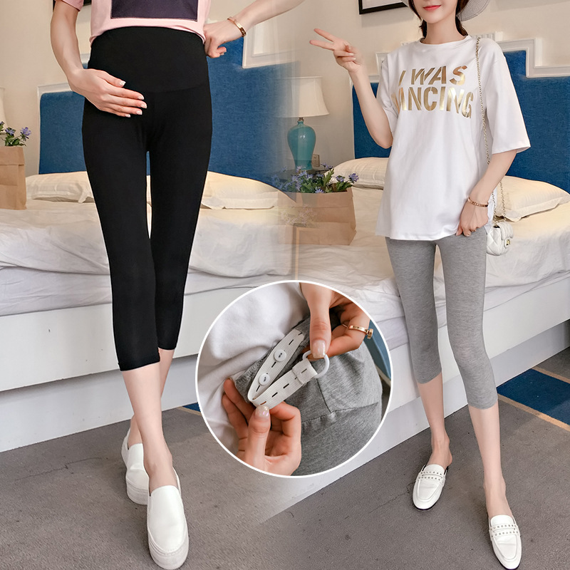 in stock Summer Maternity Mid-length Pants Solid Color Slim-fit Stretch Leggings High Waist Abdomen-supporting Adjustable Cropped Pants