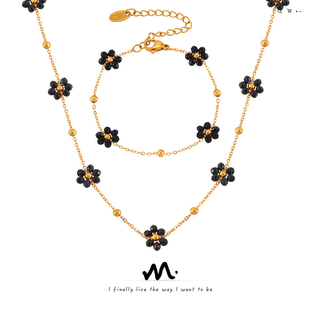 British style retro niche personality simple versatile jewelry natural stone beaded flower shape titanium steel jewelry suit