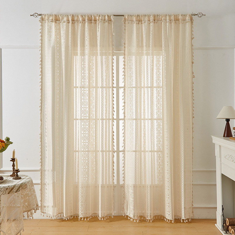 Vintage Wear Rod Cotton Linen Curtain Tassel Beige Crochet Light Transmission Country Art Living Room Balcony Floating Curtain