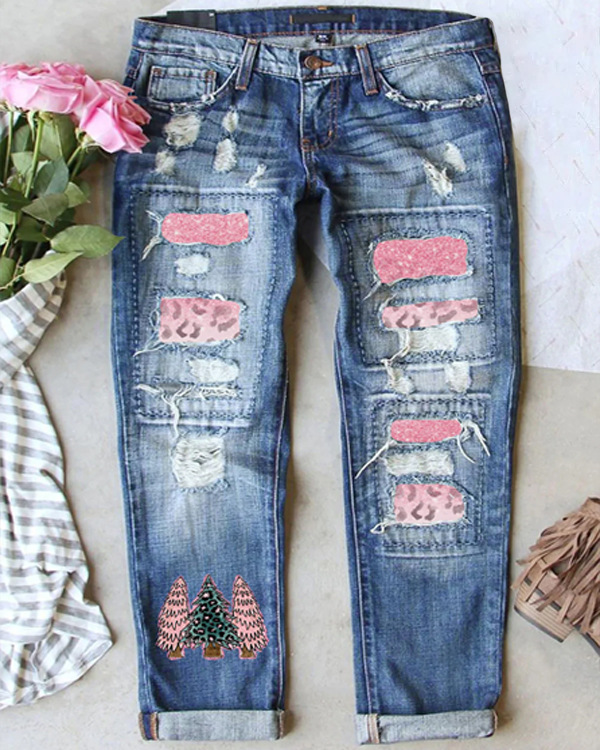 Europe and the United States 2022 new Amazon independent station wish cross-border street printing hole straight tube Denim pants women
