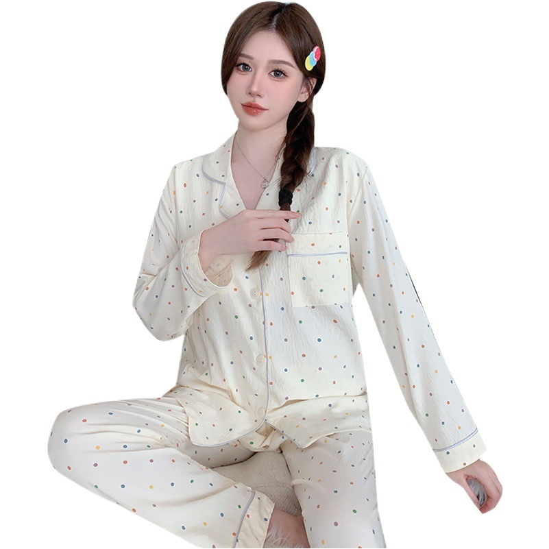 Spring and Autumn Pajamas Women's Silk Cotton Cute Sweet Lapel Cardigan with Chest Pad Long Sleeve Trousers for Outer Wear Home Clothes