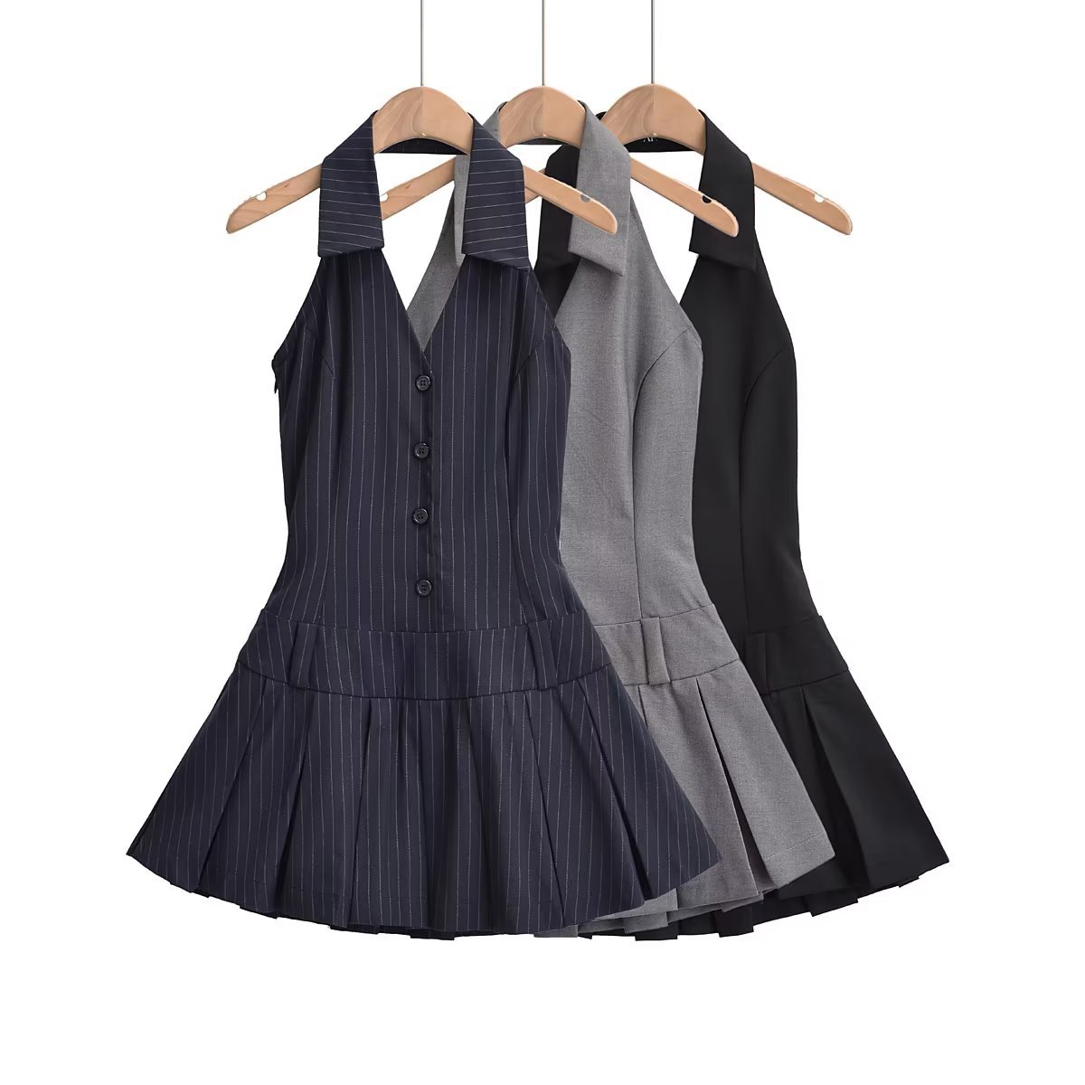 European and American Style Summer Sexy Spice Neck Dress Deep V-Neck Suit Collar Backless Short Pleated Skirt for Outer Wear