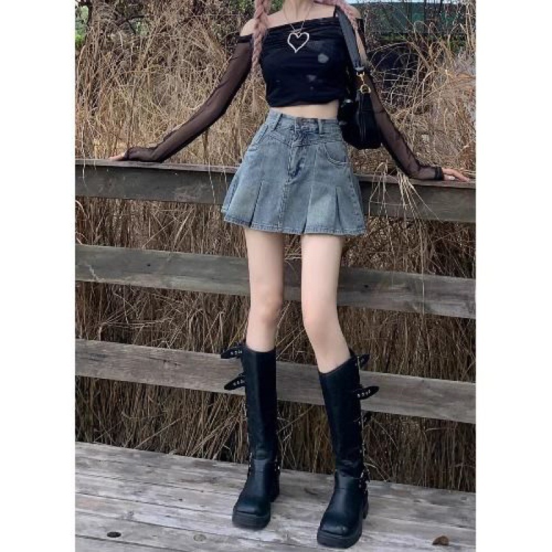 Women's Denim Skirt Korean Style Slimming 2024 New Spring and Summer High Waist A- Line Skirt Small Size Retro Hip Skirt