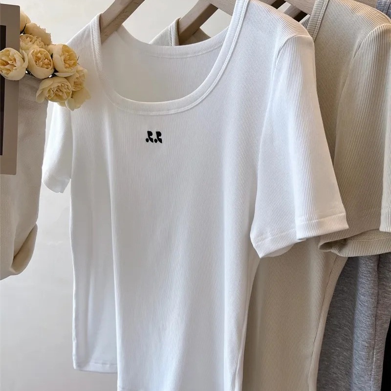 Ice Silk Square Collar Short Top Women's 2024 Summer New Niche Design Sense Embroidered Slim-fit Short-sleeved Top Women