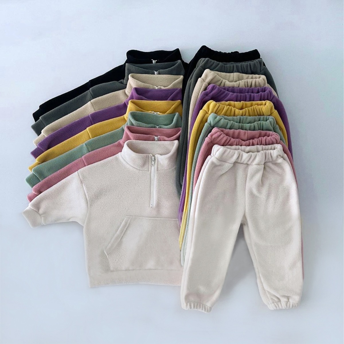 Children's Autumn and Winter Collar Fleece Suit Boys and Girls Double-sided Fleece Fleece Large Pocket Casual Split Sports suit