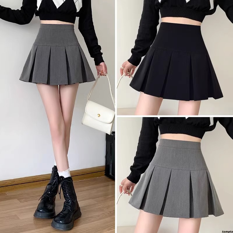 Spring and Autumn 2025 New Anti-walking A- line Short Skirt Slimming High Waist Umbrella Skirt Grey Pleated Skirt for Women