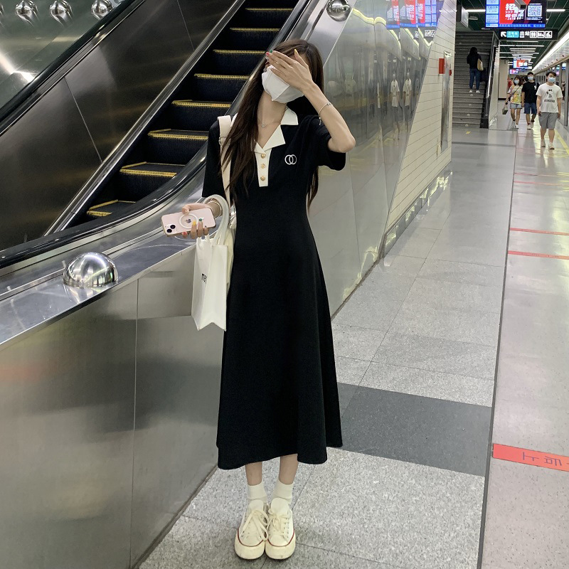French Style Elegant Polo Collar Black dress Women's Summer 2025 New Mid-length Dress Niche Design Dress