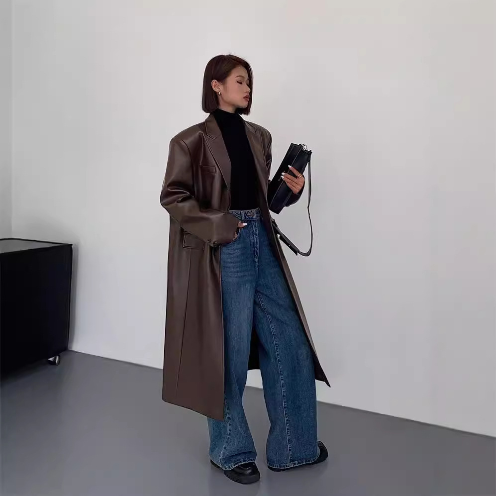 Picture of Long over-the-knee pu leather coat for women 2024 spring and autumn fashion all-matching loose slimming casual windbreaker fashion
