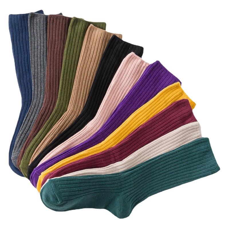 Autumn and Winter New Double-Needle Socks for Women, Versatile Pure Color Striped Pile Socks, Japanese Style Cotton Vertical Striped Mid-Calf Women's Socks