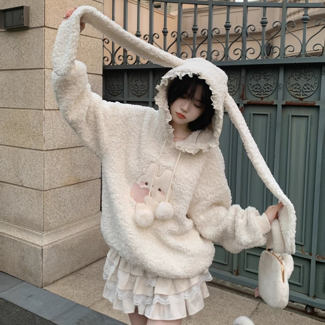 Picture of Rabbit Long Ears Hooded Lamb Wool Sweatshirt Coat Women's Winter fleece-lined Thickened Sweet Age-reducing Loose Top Trendy