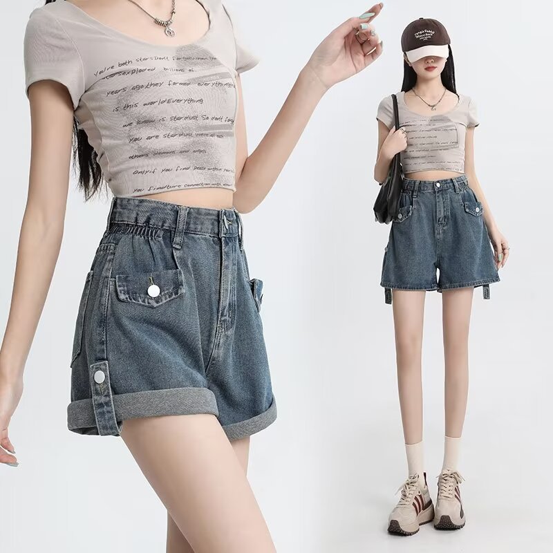 Vintage High Waist Denim Shorts Women's 2024 Summer New Loose Roll-up Slimming A- line Wide Leg Hot Pants for Hot Girls