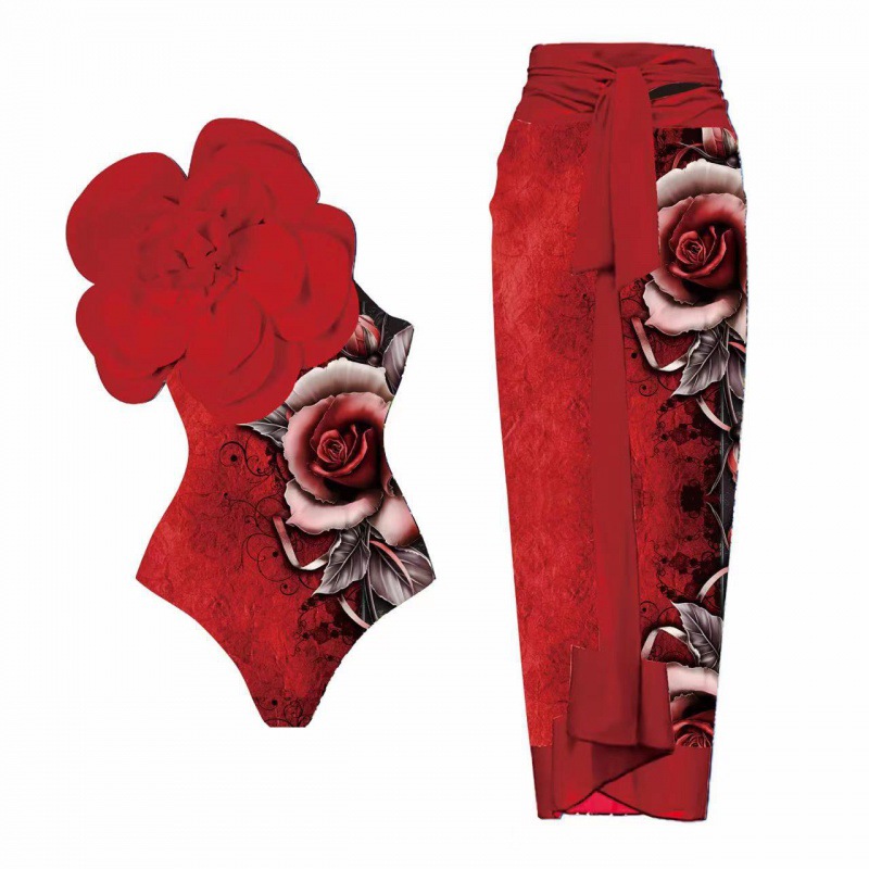 Picture of 2024 Amazon AliExpress one-piece swimsuit 3D big flower decoration sexy Peco Peco print swimsuit suit women