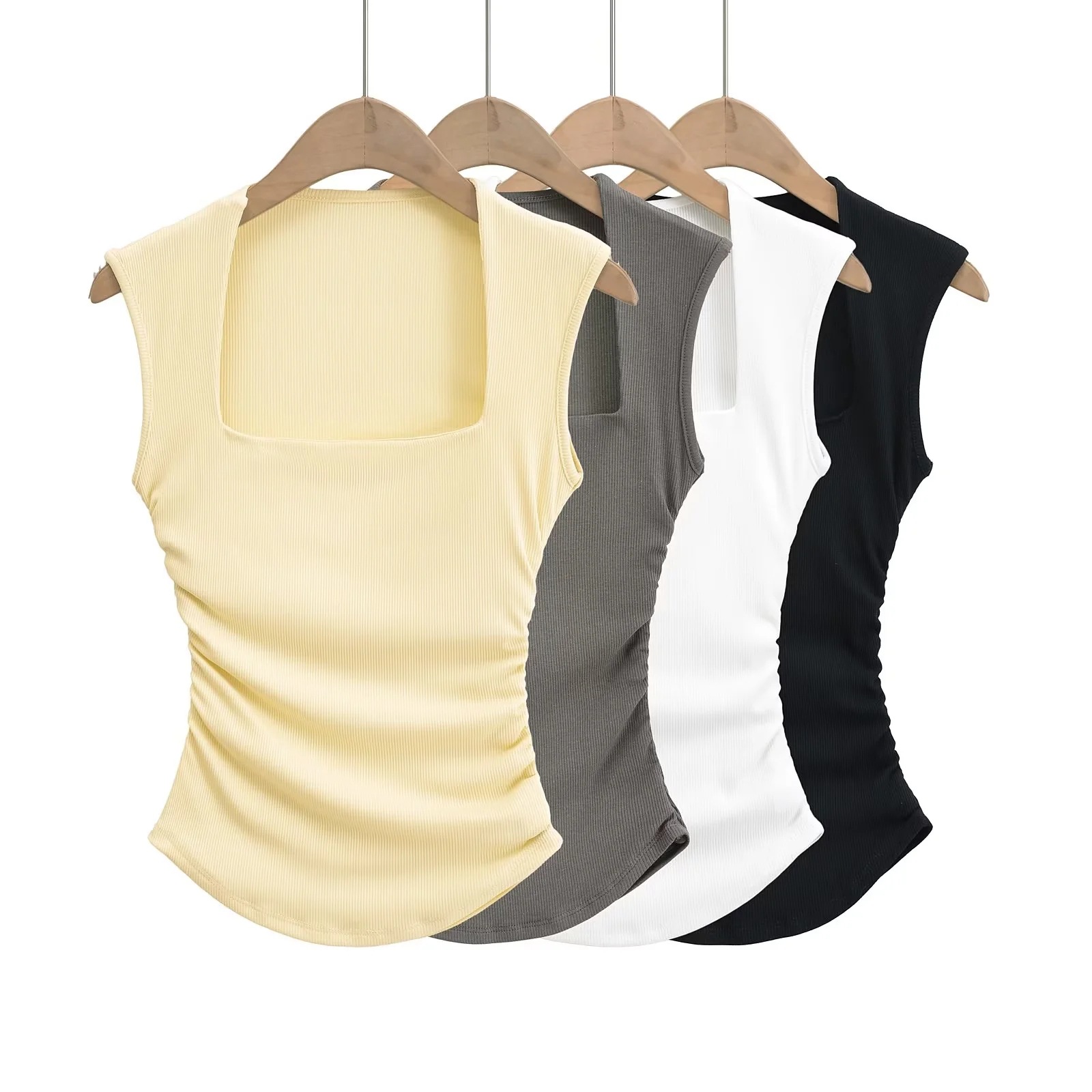 American Style Spice Girl New Base Shirt Double-layer Curved Pleated Shoulder Cut Big Collar Vest Sexy Slim-fit Slim Top
