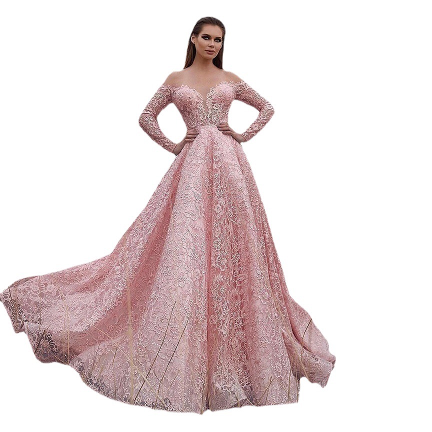 2025 New Cross-Border European and American Clothing Amazon Dress Hollow Lace Embroidery Off-Shoulder Sexy Swing Dress