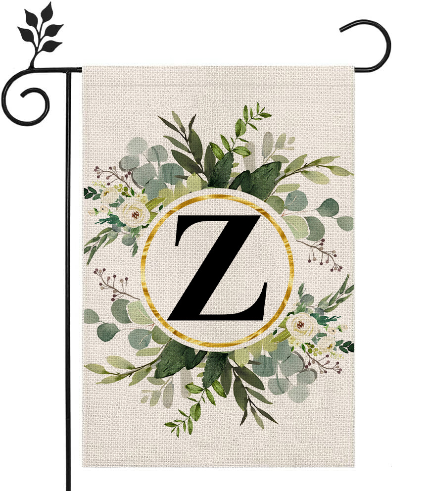 Picture of Simple ins style 26 letters + green plant printed linen garden flag surname initials courtyard door flag