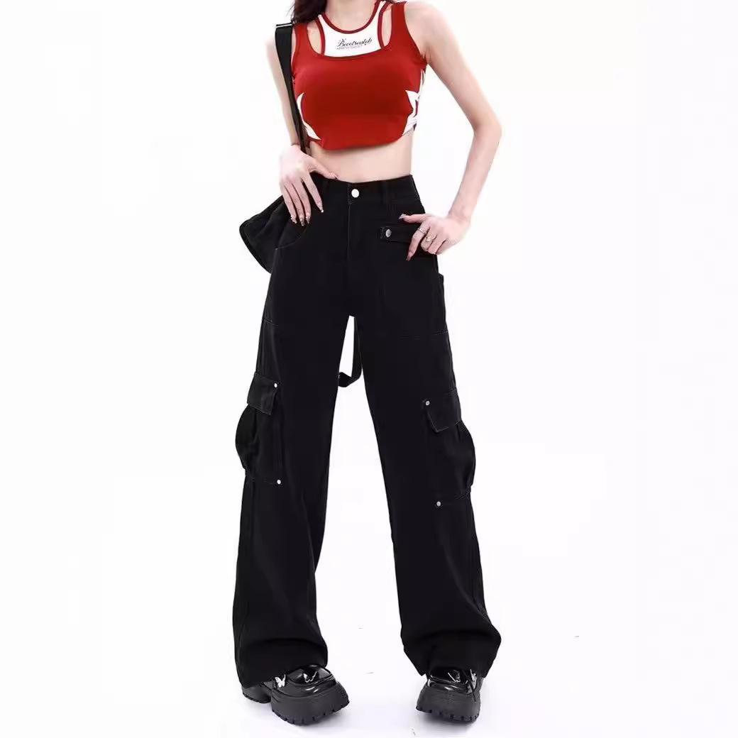 Summer Straight Leg Wide Leg Pants Small Pocket Washed Mop Pants Trendy Retro Black Coil Jeans Women