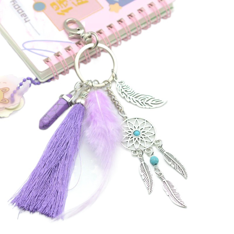 European and American Popular Bohemian Style Wool Tassel Dream Catcher Keychain for Men and Women Turquoise Leaf Bag Pendant
