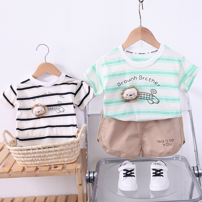 Children's Boys' Baby Short-sleeved Suit New Summer Clothes Korean Style Children's Striped Three-dimensional Lion Head Short-sleeved Two-piece Suit