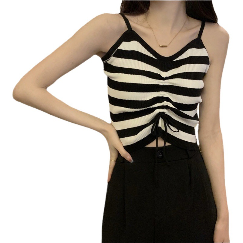 Striped Drawstring Knitted Camisole Women's 2025 Summer Design Inner Bottoming Sexy Short Top Trbottomy