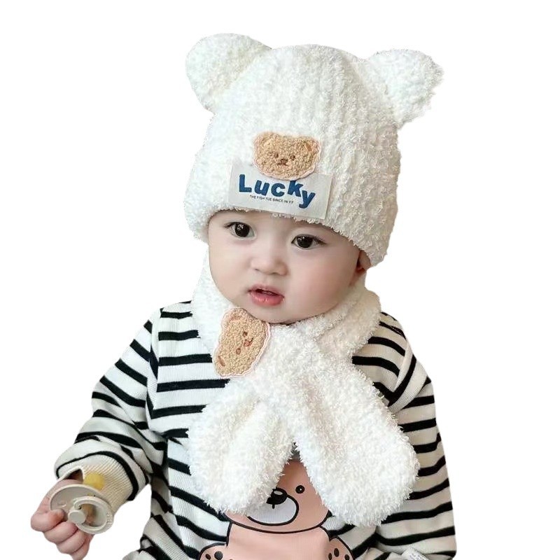 Picture of Winter New Baby Hat Baby Hat Children's Warm Knitted Plush One Hat Two-piece Set for Boys and Girls