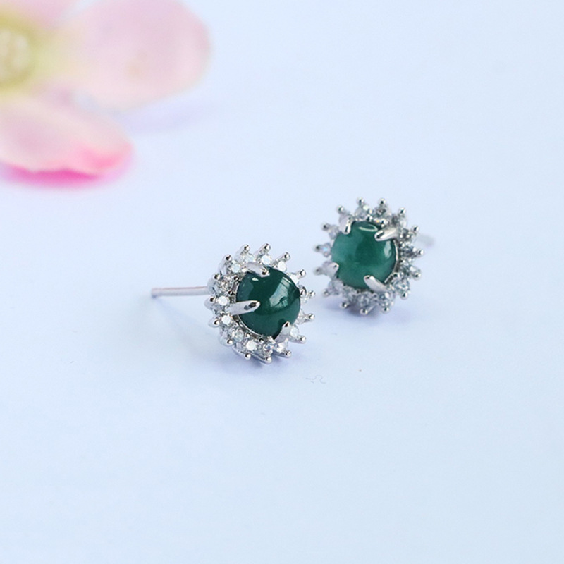 Picture of Juanyu Natural A-Grade Jadeite Blue Water Stud Earrings with Jade Inlay Wholesale Supply Fc5070502