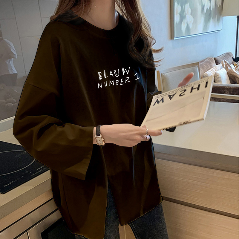 Picture of Plus Size Women's Clothing 2025 New Autumn K-Style Loose Design Slit T-Shirt Long-Sleeved Women's Top Mid-Length Export