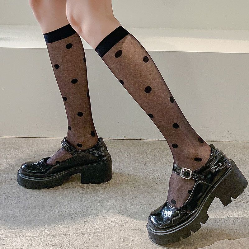 Transparent Calf Socks White Socks Women's JK Summer Thin Mid-barrel Ins Trendy Half-barrel Stockings Japanese Style Wave Dot Stockings