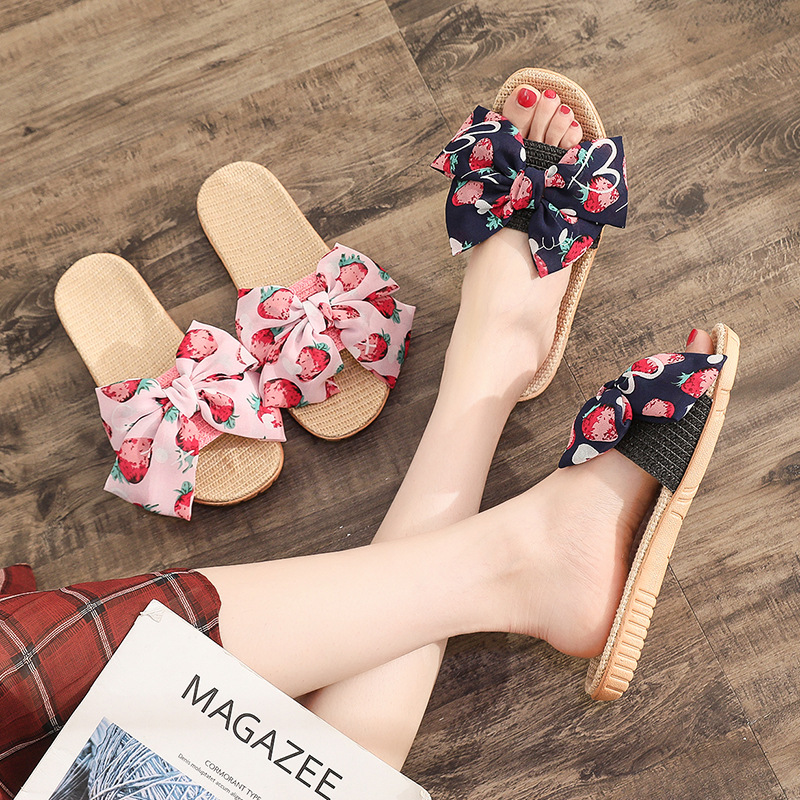 A generation of Japanese new summer bow linen slippers ladies home soft anti-slip flat slippers