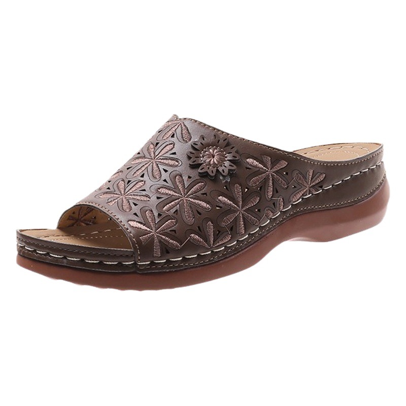 2023 round toe retro ethnic style solid color women's sandals hollow-out wedge heel comfortable plus size sandals mom shoes