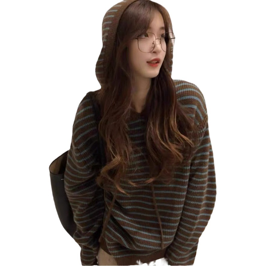 Autumn and winter New striped hooded sweater women's clothing short lazy style loose outer knitted warm coat